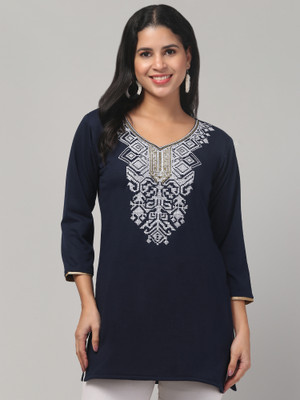 Unifystyle Women Embroidered Straight Kurta(Dark Blue)