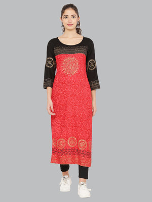 EZIS FASHION Women Block Print Straight Kurta(Red)