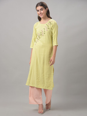 Dollar Missy Women Self Design Straight Kurta(Green, Yellow)