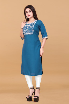 KURTIFABRIC Women Embroidered A-line Kurta(Blue)
