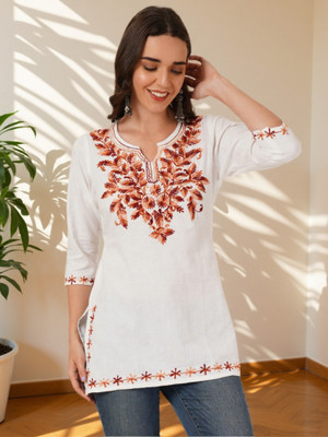 Miss Peach Women Embroidered A-line Kurta(White)