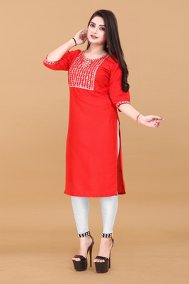 KURTIFABRIC Women Embroidered A-line Kurta(Red)