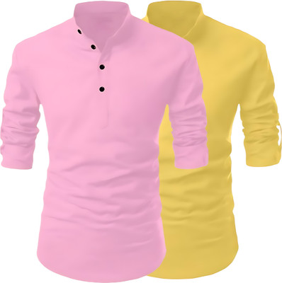 KASHIBAACREATION Men Solid Straight Kurta(Yellow, Pink)
