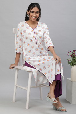 Aurelia Women Floral Print Straight Kurta(White)