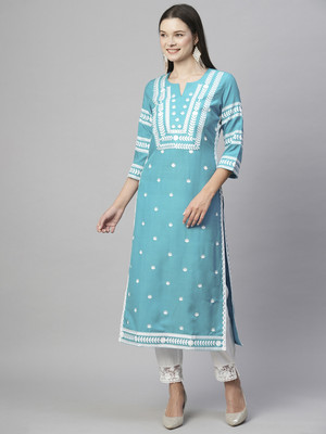 LEEROVENITA Women Embroidered A-line Kurta(Blue)