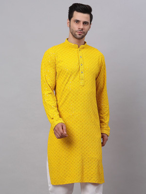 Jompers Men Chikan Embroidery Straight Kurta(Yellow)