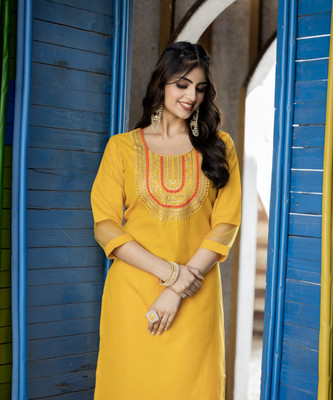 FAIRYPINK Women Embroidered Straight Kurta(Orange, Yellow)