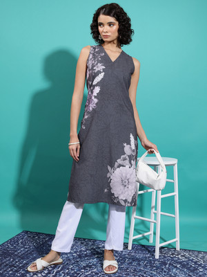 KETCH Women Printed Straight Kurta(Black, Grey, Purple)