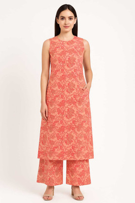 Tareen Women Floral Print, Printed Straight Kurta(Orange)