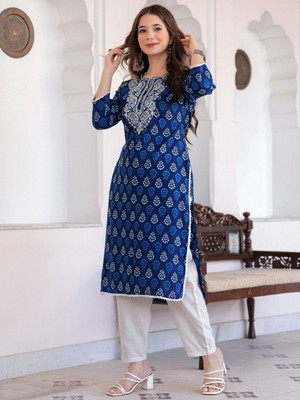 Zinariya Fab Women Printed Straight Kurta(Blue)