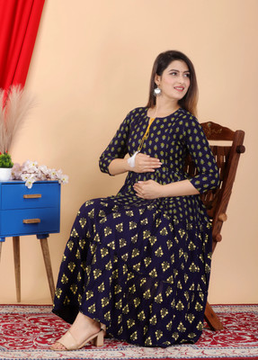 Most Women Printed Flared Kurta(Blue)