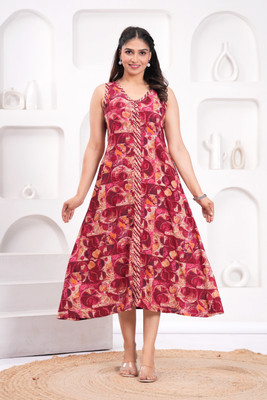 Assamica Women Printed Flared Kurta(Red)