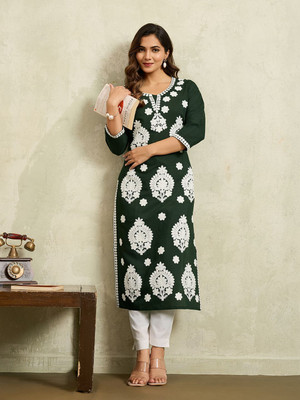 Lusiva Women Embroidered Straight Kurta(Green)