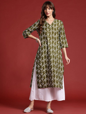 ANOUK Women Printed A-line Kurta(Green)