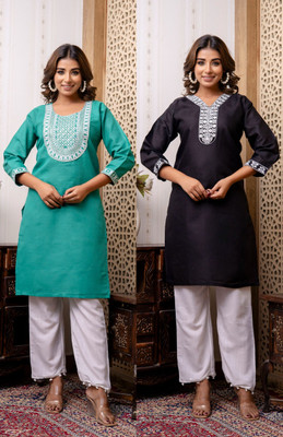SISTO Women Chikan Embroidery Straight Kurta(Multicolor)