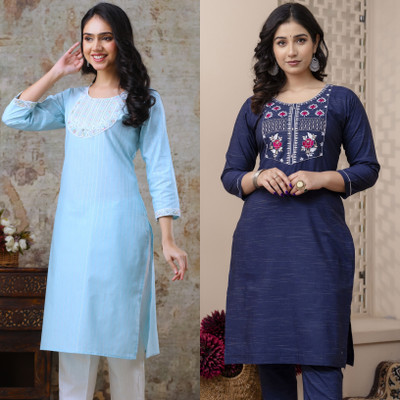 AUZAAI COLLECTION Women Embroidered Straight Kurta(Light Blue, Dark Blue)