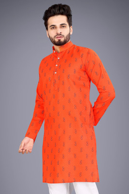 SPOQUE Men Printed Straight Kurta(Orange)