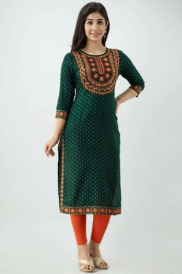 Arangetram Women Embroidered Straight Kurta(Dark Green)