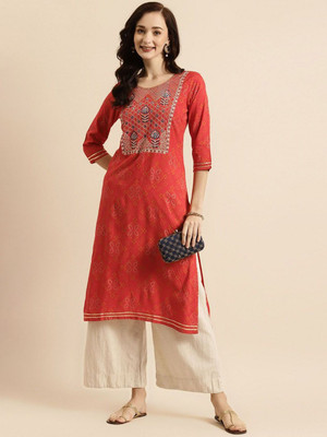 ANOUK Women Embroidered Straight Kurta(Red)