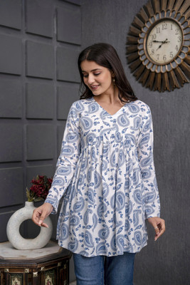 CLANGER Women Paisley Flared Kurta(Light Blue)