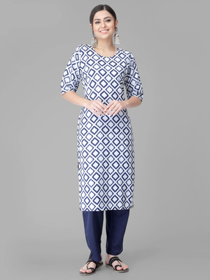 1 Stop Fashion Women Printed Straight Kurta(White, Blue)