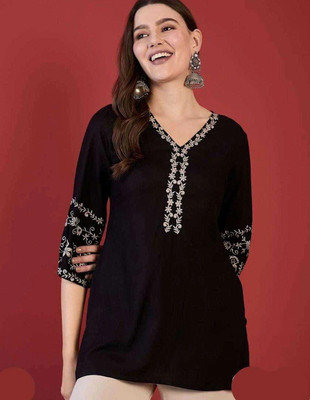 Nimavat Women Embroidered A-line Kurta(Black)