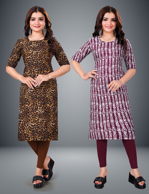 MOBHISA Women Printed Straight Kurta(Maroon)