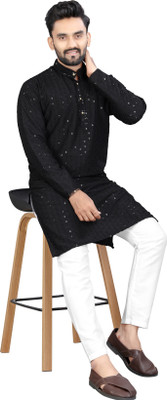Shree Dutt Creation Men Chikan Embroidery Straight Kurta(Black)