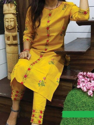 KirtiTex Women Self Design A-line Kurta(Yellow)