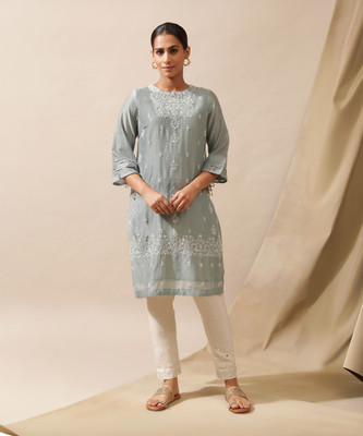 W Women Solid Straight Kurta(Light Blue)