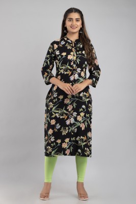 Mauka Women Printed Straight Kurta(Black)