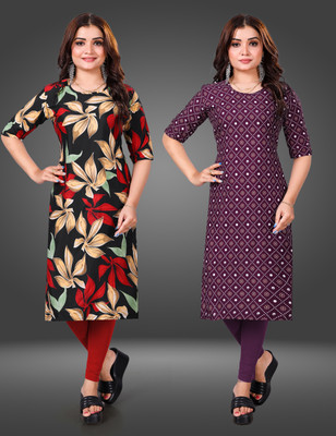MOBHISA Women Printed Straight Kurta(Purple)