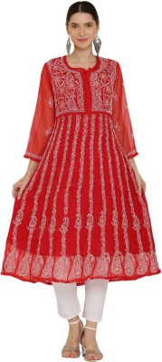 Neelam Chikan Women Embroidered Anarkali Kurta(Red)