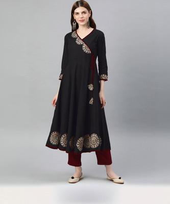 IKRASS Women Printed Anarkali Kurta(Black)
