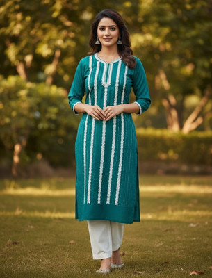 sofiacollection Women Striped, Embroidered, Embellished Straight Kurta(Green)