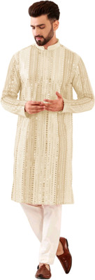 click n buy Men Embroidered A-line Kurta(Beige)