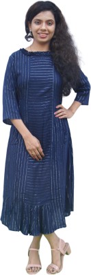 Aada Fashion Women Striped A-line Kurta(Dark Blue)