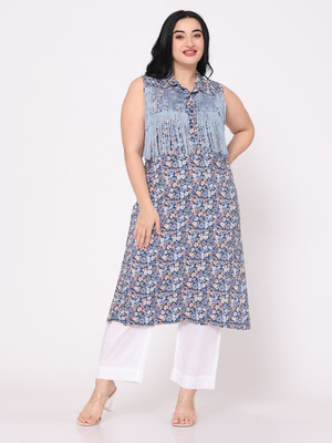 TSM Women Floral Print Straight Kurta(Blue)