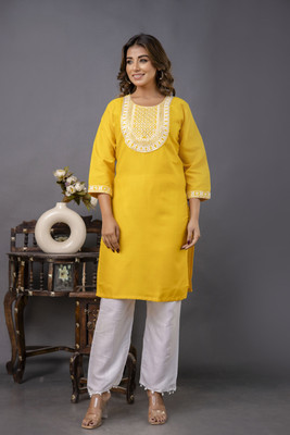 VIRANCHI Women Embroidered A-line Kurta(Yellow)