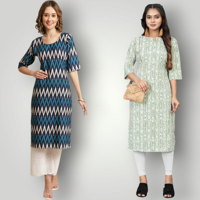 KAUTAQI Women Printed, Geometric Print Straight Kurta(Multicolor)