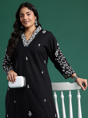 Indo Era Women Embroidered Straight Kurta(Black)