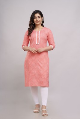 Jouglowriyaa Women Printed Straight Kurta(Orange, White)