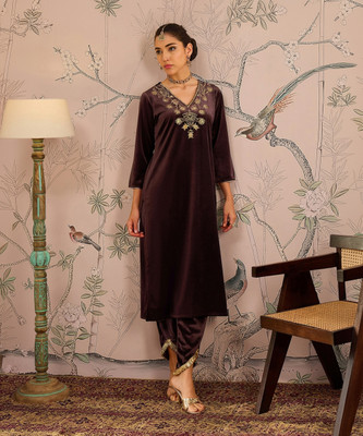 Shae by SASSAFRAS Women Embroidered Anarkali Kurta(Brown)
