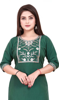 KNG TEXTILE Women Embroidered A-line Kurta(Green)