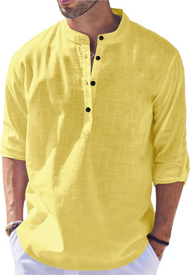 LIRMO Men Self Design Straight Kurta(Yellow)