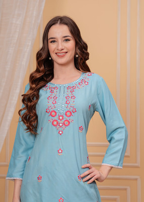 ALEXEY JAY Women Embroidered A-line Kurta(Light Blue)