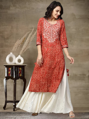 Wawlooks Women Printed, Embroidered Straight Kurta(Orange)