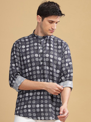 ANOUK Men Abstract Straight Kurta(Grey, White)