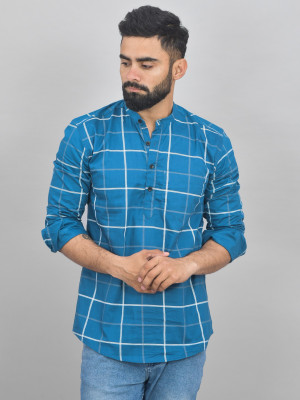 QuaClo Men Checkered Straight Kurta(Blue)