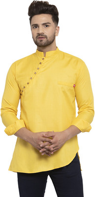 B BEN Men Solid Asymmetric Kurta(Yellow)